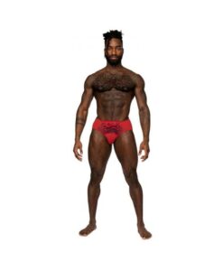 Male Power Sassy Lace Bikini Solid Pouch Red S