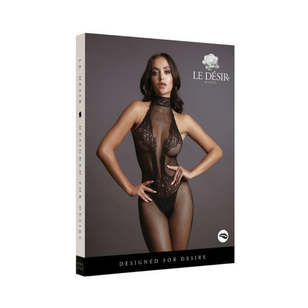 Shots Le Desir Fishnet & Lace High-neck Bodystocking Black O/s - Image 3