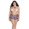 School Girl Fishnet Bralette W/ Plaid Knit Skirt & Collar White/Red Os/Xl