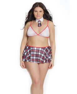 School Girl Fishnet Bralette W/ Plaid Knit Skirt & Collar White/Red Os/Xl
