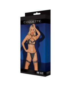 Black Label Bra, G-string & Leg Garters With Adjustable Choker With Hook Closure Black/rose Gold Os
