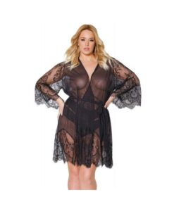 Holiday Eyelash Lace Robe W/bell Sleeves Black Os/xl