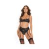 Coquette Lace Detail Bra, Garter & Thong Black L