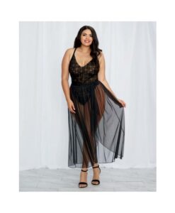 Dreamgirl Plus-size Stretch Lace Teddy & Sheer Mesh Maxi Skirt With Adjustable Straps & G-string Bla