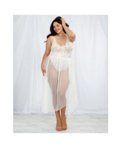 Dreamgirl Plus-size Stretch Lace Teddy & Sheer Mesh Maxi Skirt With Adjustable Straps & G-string Whi