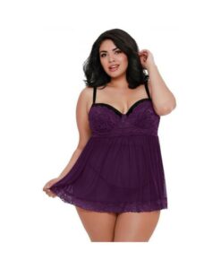 Dreamgirl Plus-size Stretch Mesh And Lace Babydoll With Underwire Push-up Cups, G-string, And Lace O