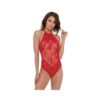 Dreamgirl Eyelash Lace Halter Teddy With High Tie-neck Closure & Snap Crotch Red Medium Hanging