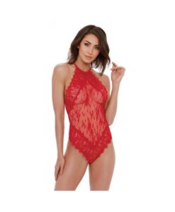 Dreamgirl Eyelash Lace Halter Teddy With High Tie-neck Closure & Snap Crotch Red Medium Hanging