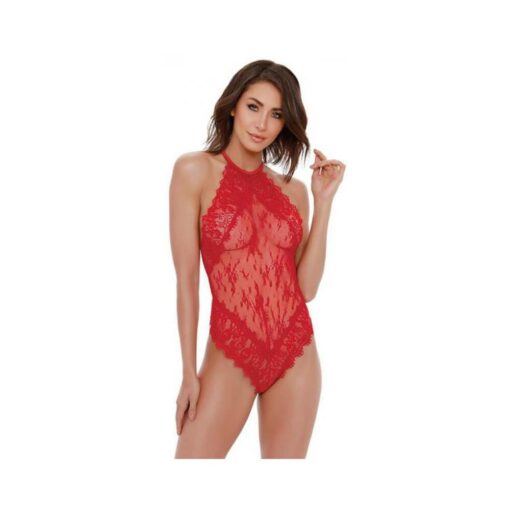 Dreamgirl Eyelash Lace Halter Teddy With High Tie-neck Closure & Snap Crotch Red Medium Hanging