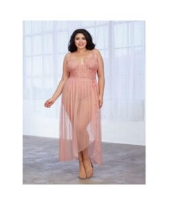 Dreamgirl Plus-size Stretch Lace Teddy & Sheer Mesh Maxi Skirt With Adjustable Straps & G-string Ros