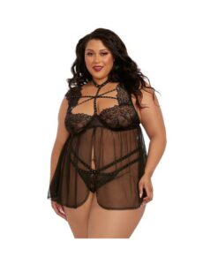 Dreamgirl  Plus-size Lace Babydoll With Thong Black 2x Hanging