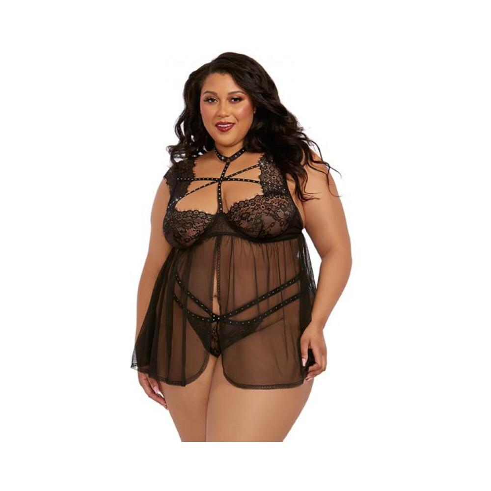 Dreamgirl Plus-/size Lace Babydoll With Thong Black 1x Hanging