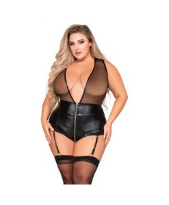 Dreamgirl Wetlook & Mesh Deep-v Zip-front Gartered Teddy Black 2xl