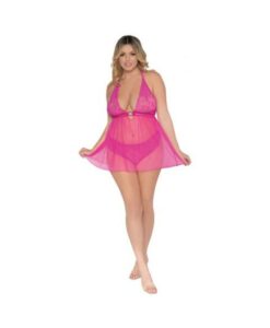 Alternative view of Stretch Lace & Mesh Babydoll Paradise Pink Q/s