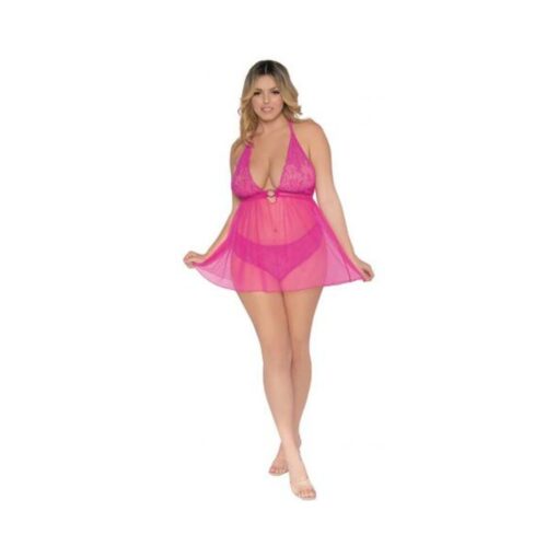 Stretch Lace & Mesh Babydoll Paradise Pink Q/s - Image 2