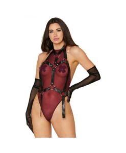Dreamgirl High-neck Mesh Teddy & Garter Body Harness Burgundy Black M