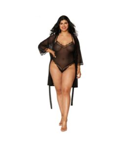 Dreamgirl Mesh Robe & Strappy Back Teddy With Lace Trim Black 2xl Hanging