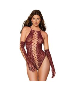 Dreamgirl Animal Print Fishnet High-neck Teddy & Gloves Set Burgundy O/s
