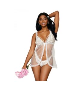 Dreamgirl Lace Mesh Babydoll With Pearl Accents & Lace Pearl G-string White O/s