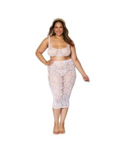 Dreamgirl Lace Fishnet Bralette & Slip Skirt White Queen Size