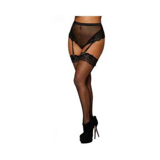 Dreamgirl High-waist Fishnet And Lace Gartered Thong With Keyhole Ribbon-tie Back Black M