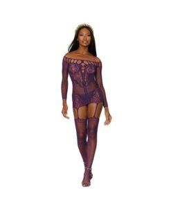 Dreamgirl Fishnet Lace Garter Dress With Attached Stockings Aubergine O/s