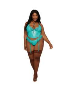 Dreamgirl Stretch Vinyl And Lace Bustier And G-string Set Ocean 3xl
