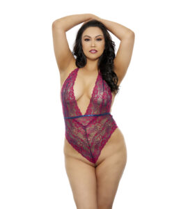 Two Tone Lacy Bodysuit Plus Size Fuchsia
