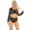 Rhinestone Fishnet Crop Top Set Black O/S