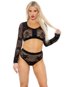 Rhinestone Fishnet Crop Top Set Black O/S