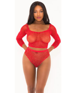 Rhinestone Crop Top With Matching Panty Red O/S