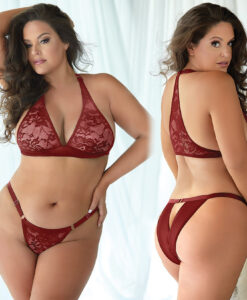 Allure Lace & Mesh Bralette and Panty 2pc Set-Burgundy 2X/3X