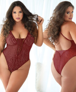 Allure Leopard Lace Up Teddy-Burgundy 2X/3X