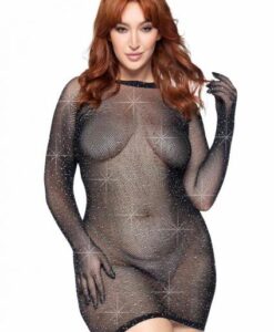 Rhinestone Fishnet Mini Dress 1x/2x Blk