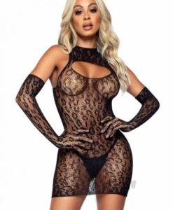 Leopard Keyhole Dress/gloves Os Blk