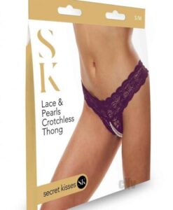Sk Lace And Pearl Crotchless Thong Pur S/m