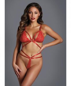 Adore The Flame Strappy Lace Bra & Thong Red O/s