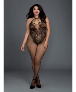 Fishnet Bodystocking W/knitted Teddy Design Black Qn