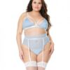 Scallop Stretch Lace Bra, Garter Belt & G-string Light Blue/white 2x