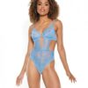 Scallop Stretch Lace & Sheer Mesh Teddy W/front V Cut Out Blue Md