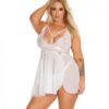 Black Label Net & Scallop Lace Babydoll W/side Slit & Thong White Os/xl