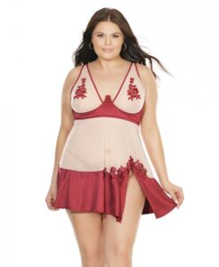 Alternative view of Nylon, Satin Babydoll Underwire Cups & G-String Red Nude 3X/4X