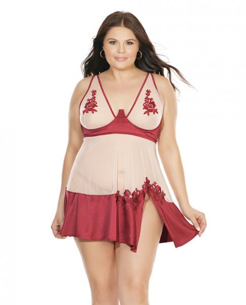 Nylon, Satin Babydoll Underwire Cups & G-String Red Nude 3X/4X - Image 2