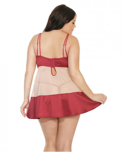 Nylon, Satin Babydoll Underwire Cups & G-String Red Nude 3X/4X - Image 3