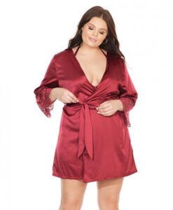 Alternative view of Satin Robe Lace Details Sleeves Red OS/XL
