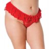 Holiday Stretch Lace & Mesh Crotchless Panty W/ruffle Jingle Bell Waist Red Os/xl