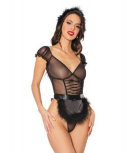 Holiday Mistletoe Maid Stretch Mesh Teddy, Marabou Trimmed Apron & Headband Black O/s