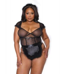Holiday Mistletoe Maid Stretch Mesh Teddy, Marabou Trimmed Apron & Headband Black Os/xl