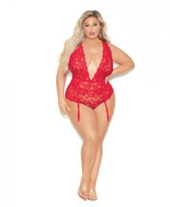 Euphoria Deep V Lace Teddiette W/open Crotch & Butt Red Qn