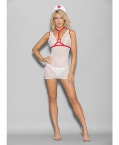 Euphoria Hot & Ready Nurse Chemise, Choker, Headpiece & G-string White/red O/s